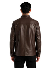 Men's black sheepskin leather shirt jacket, collar detail