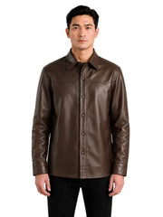 Men's black sheepskin leather shirt jacket, side view