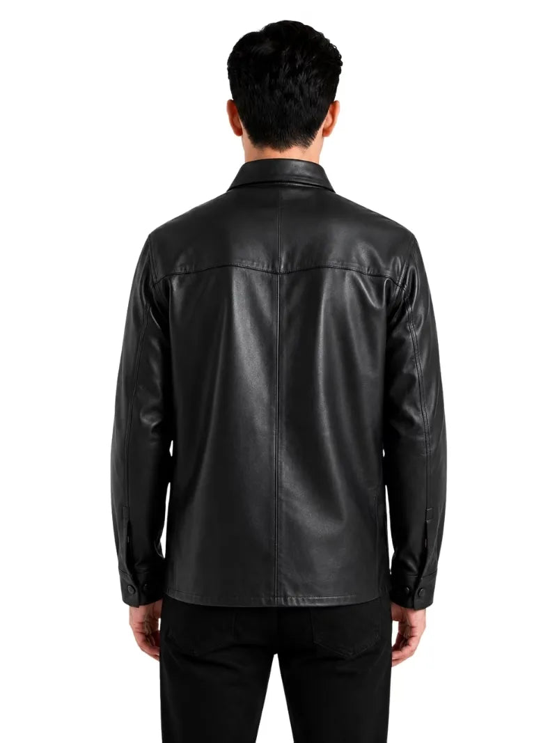 Men's black sheepskin leather shirt jacket, back view