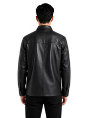 Men's black sheepskin leather shirt jacket, back view