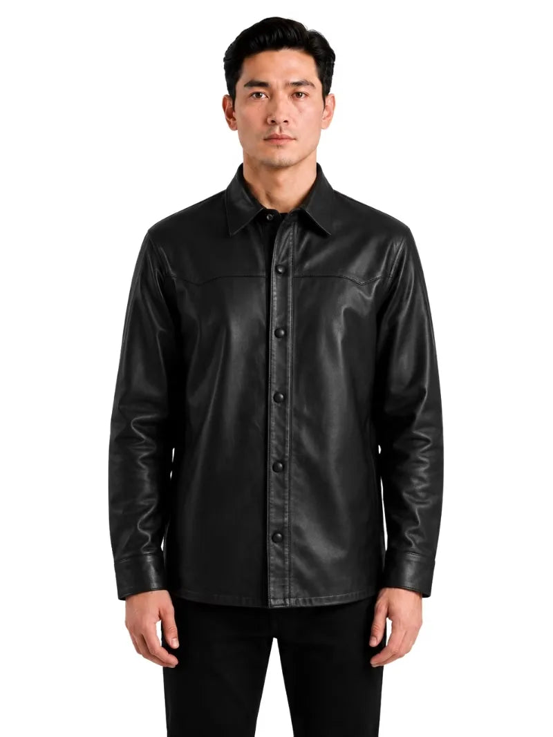 Men's black sheepskin leather shirt jacket, front view