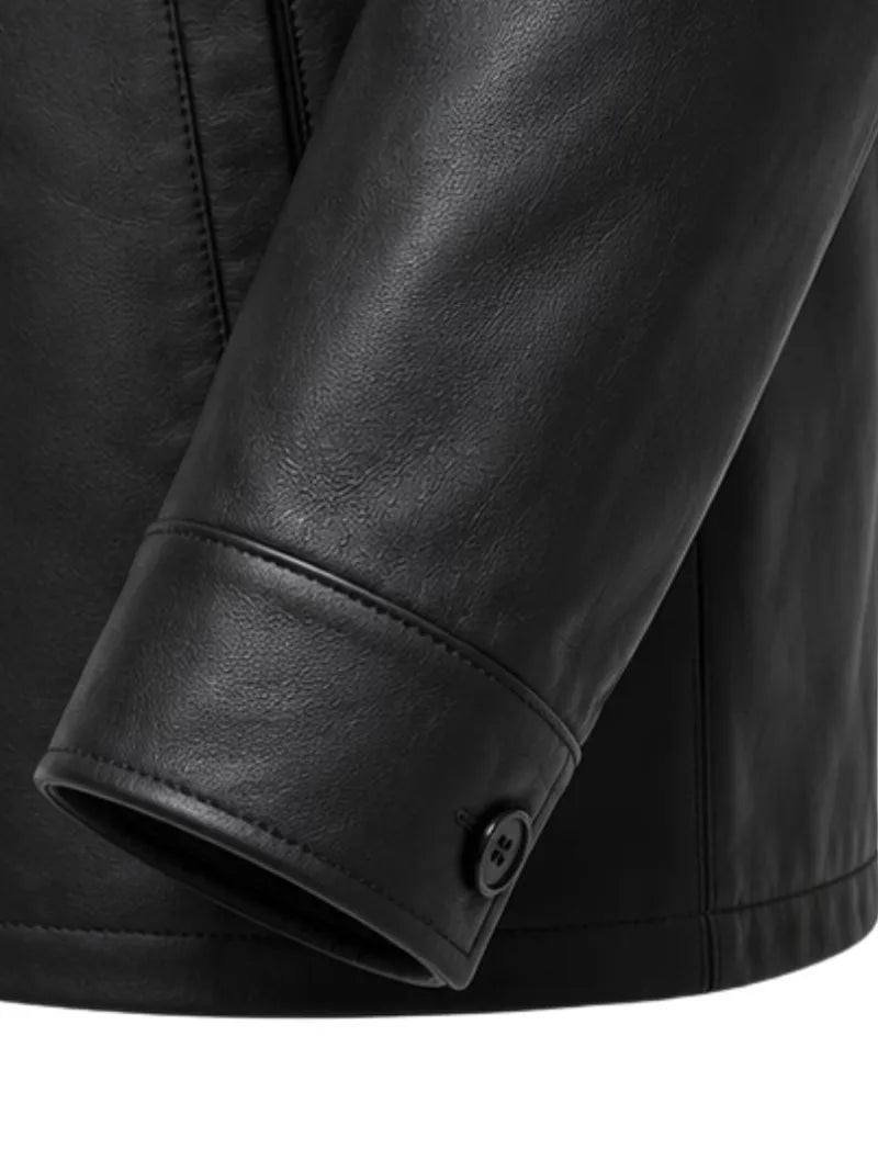 Men's black sheepskin leather shirt jacket, lining detail