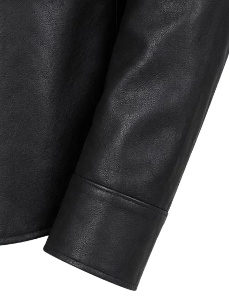 Men's black sheepskin leather shirt jacket, lining detail