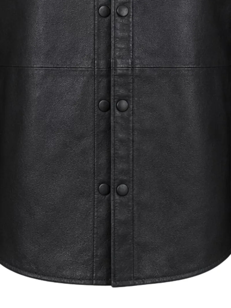 Men's black sheepskin leather shirt jacket, pocket detail