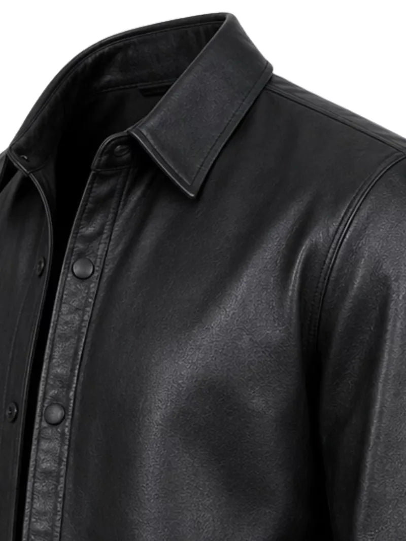 Men's black sheepskin leather shirt jacket, cuff detail