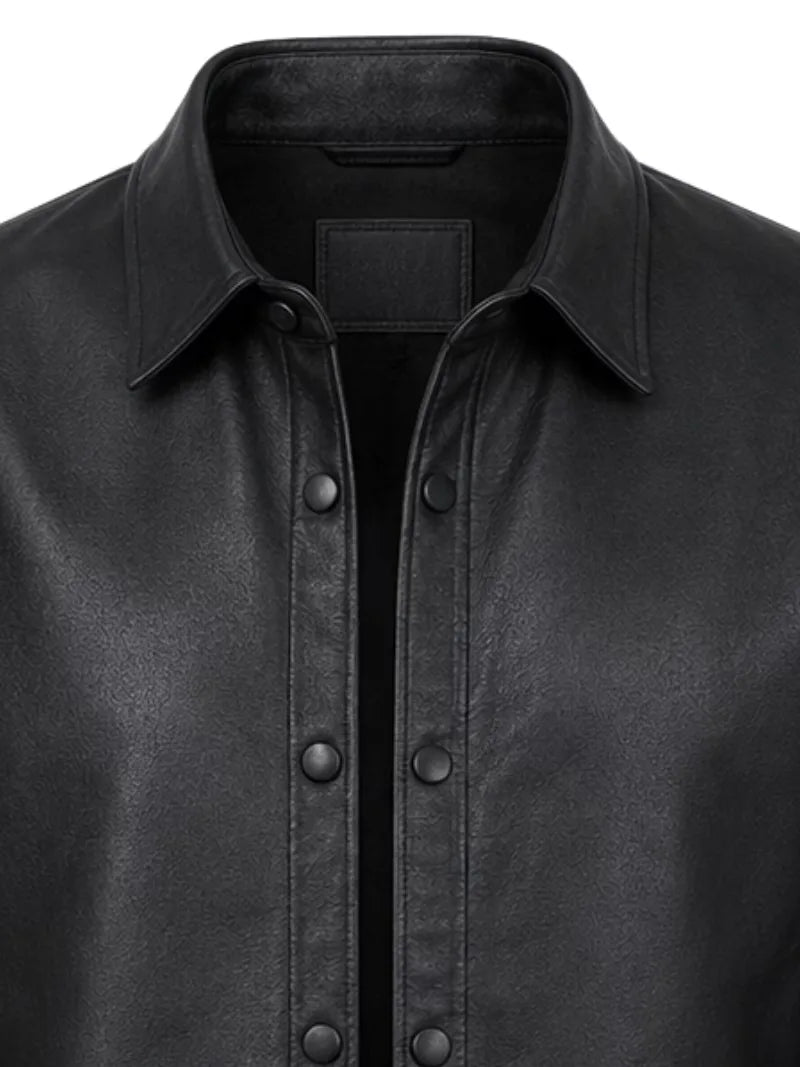 Men's black sheepskin leather shirt jacket, zip and closure detail