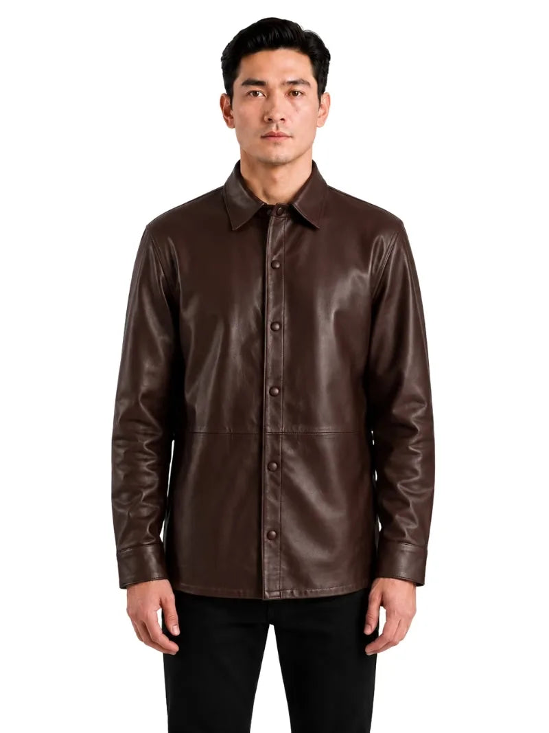 Men's black sheepskin leather shirt jacket, side view