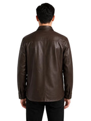 Men's black sheepskin leather shirt jacket, collar detail