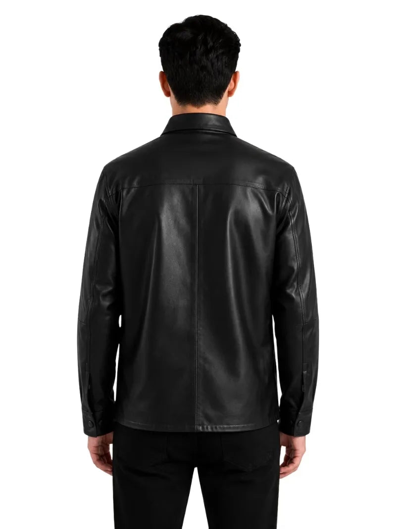Men's black sheepskin leather shirt jacket, back view