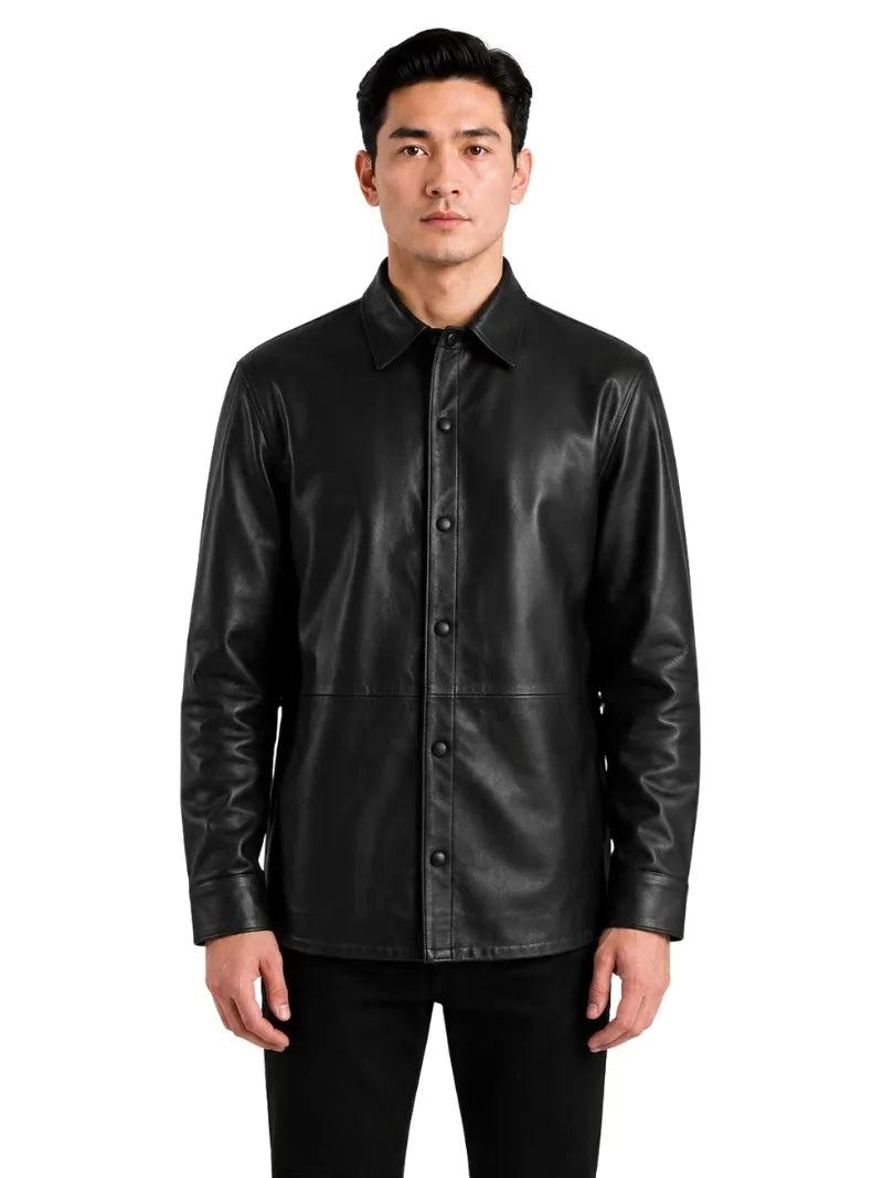 Men's black sheepskin leather shirt jacket, front view