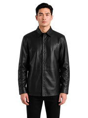 Men's black sheepskin leather shirt jacket, front view