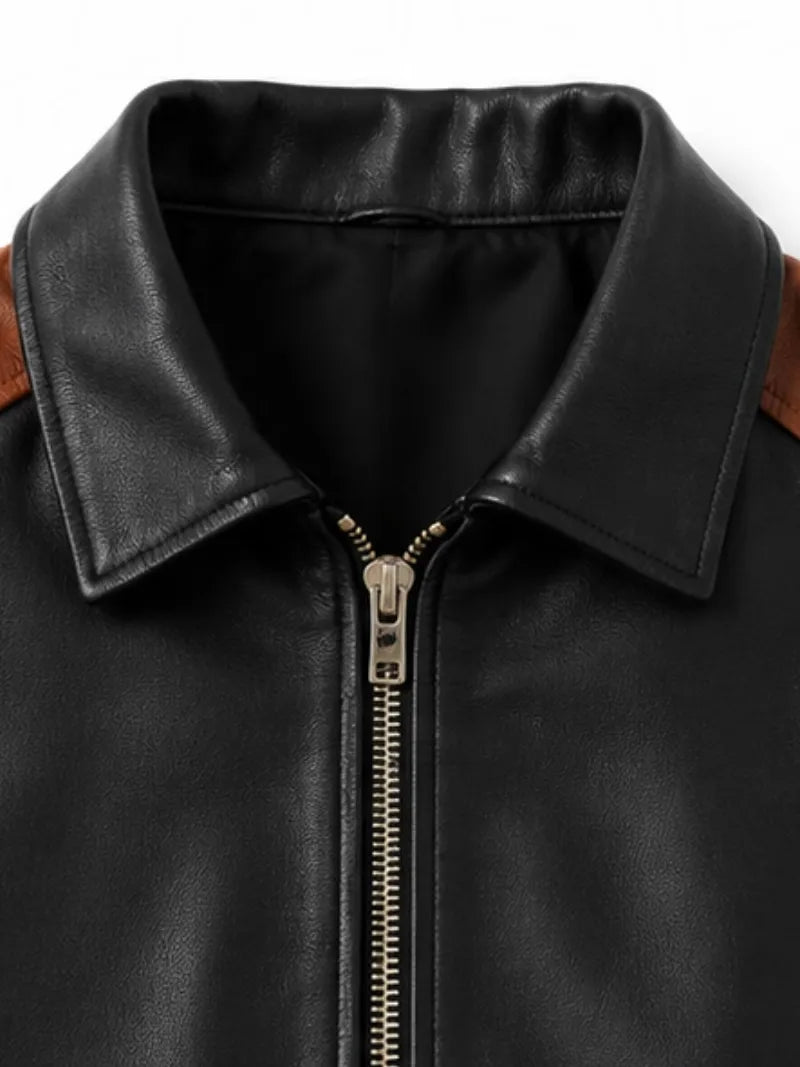 Men's black sheepskin leather jacket, zip and closure detail
