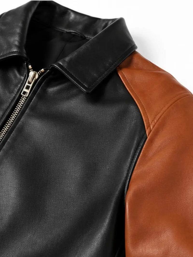 Men's black sheepskin leather jacket, cuff detail
