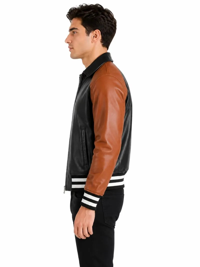 Men's black sheepskin leather jacket, collar detail