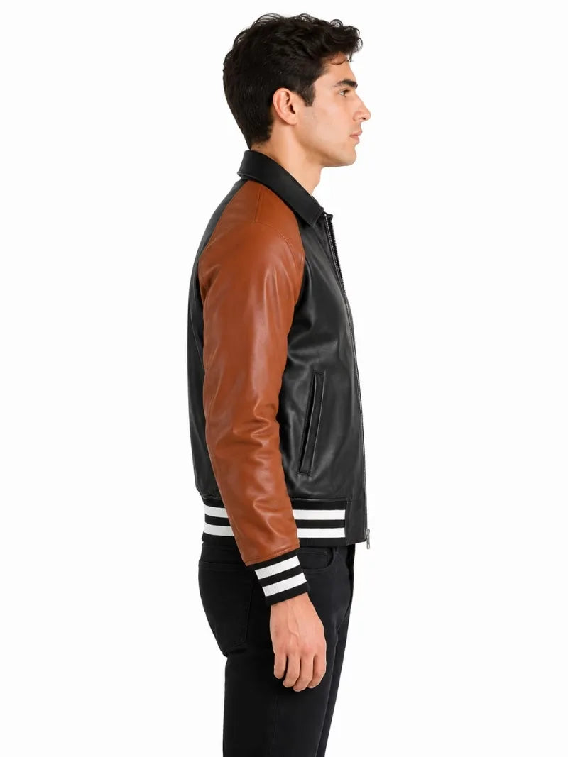 Men's black sheepskin leather jacket, side view