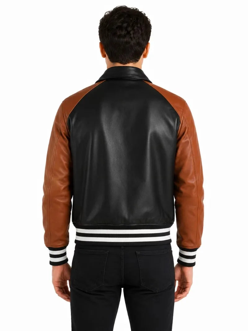Men's black sheepskin leather jacket, back view