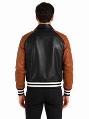 Men's black sheepskin leather jacket, back view