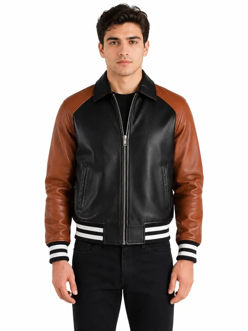Men's black sheepskin leather jacket, front view