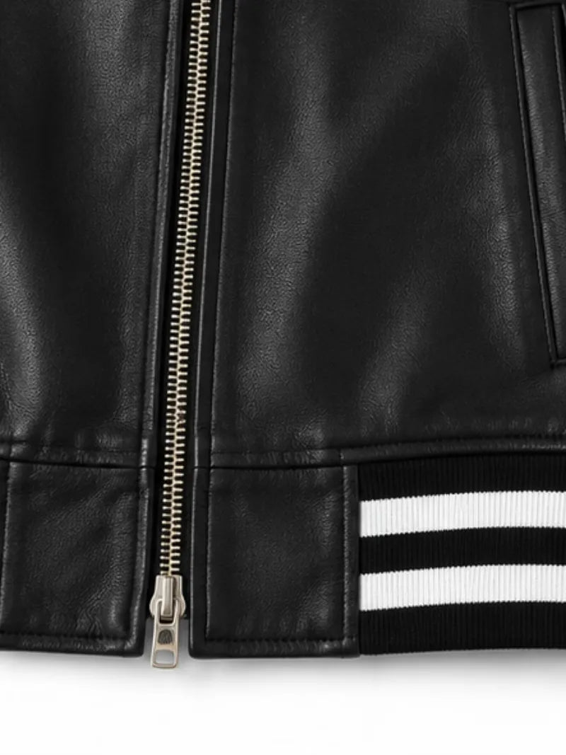 Men's black sheepskin leather jacket, pocket detail