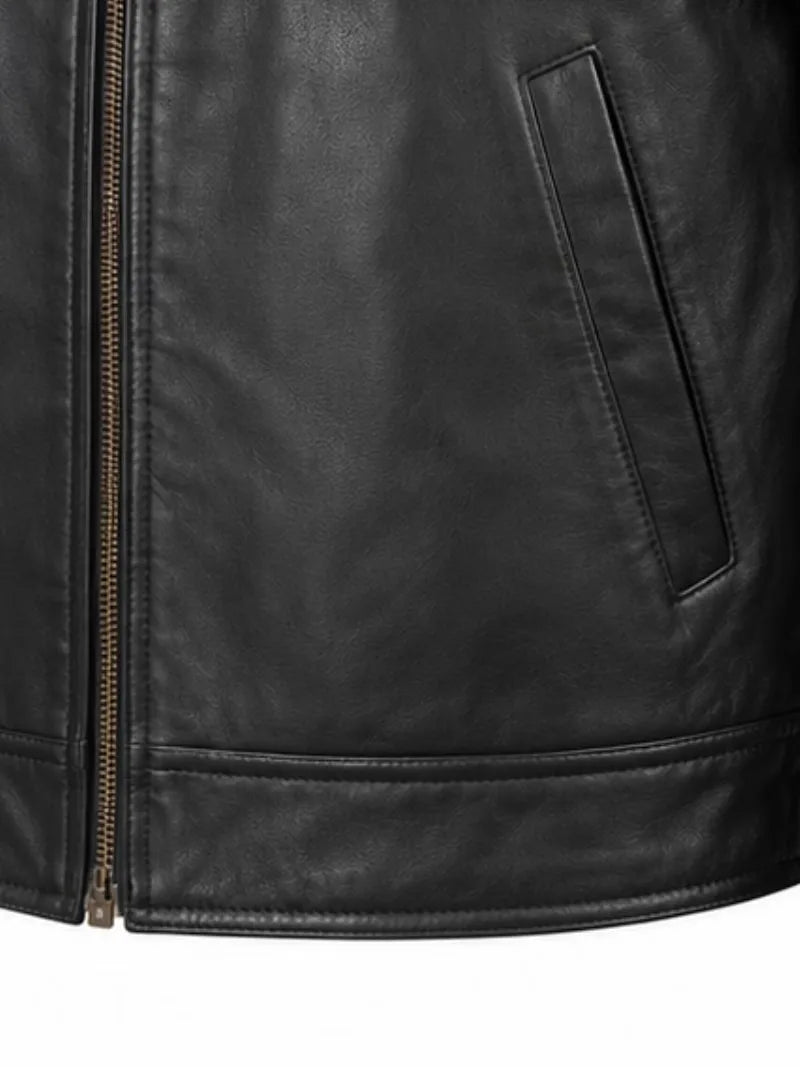 Men's black sheepskin leather hooded jacket, pocket detail
