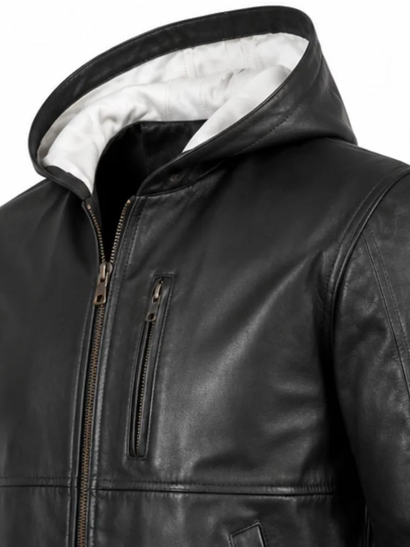 Men's black sheepskin leather hooded jacket, cuff detail