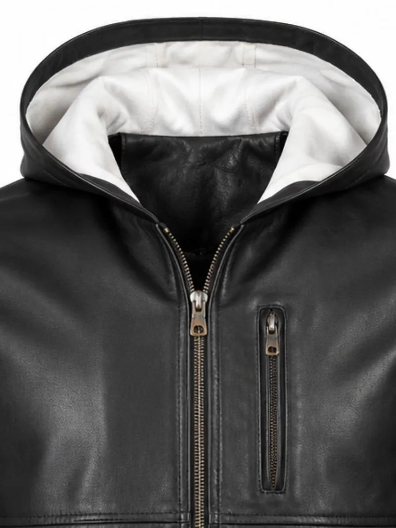 Men's black sheepskin leather hooded jacket, zip and closure detail