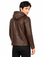 Men's black sheepskin leather hooded jacket, collar detail