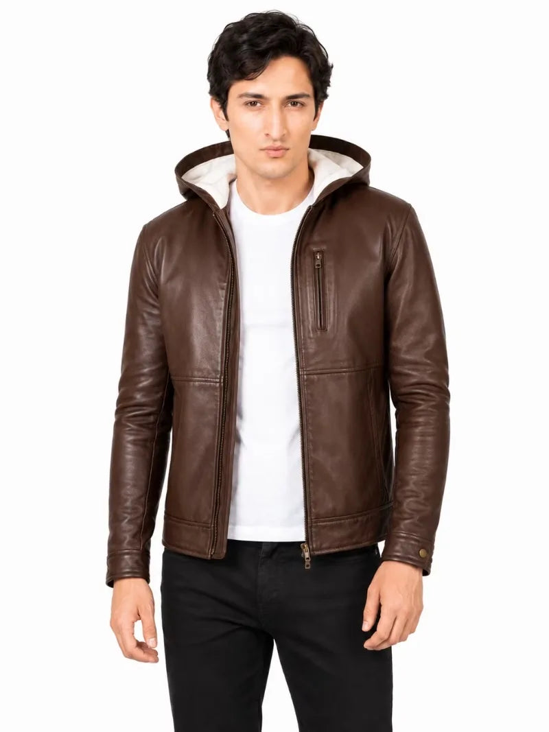 Men's black sheepskin leather hooded jacket, side view