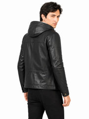 Men's black sheepskin leather hooded jacket, back view