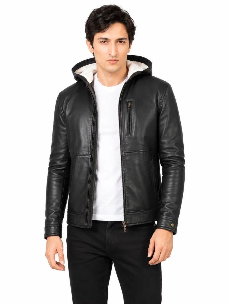 Men's black sheepskin leather hooded jacket, front view