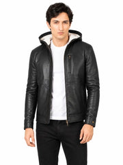 Men's black sheepskin leather hooded jacket, front view