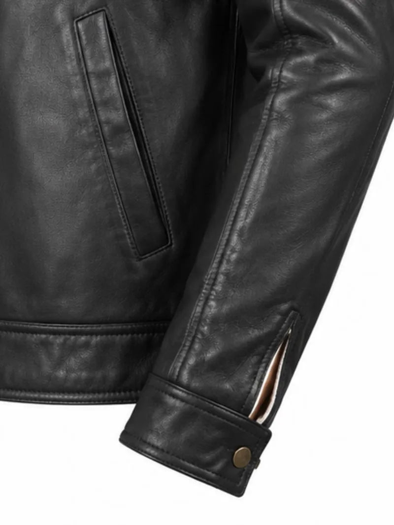 Men's black sheepskin leather hooded jacket, lining detail