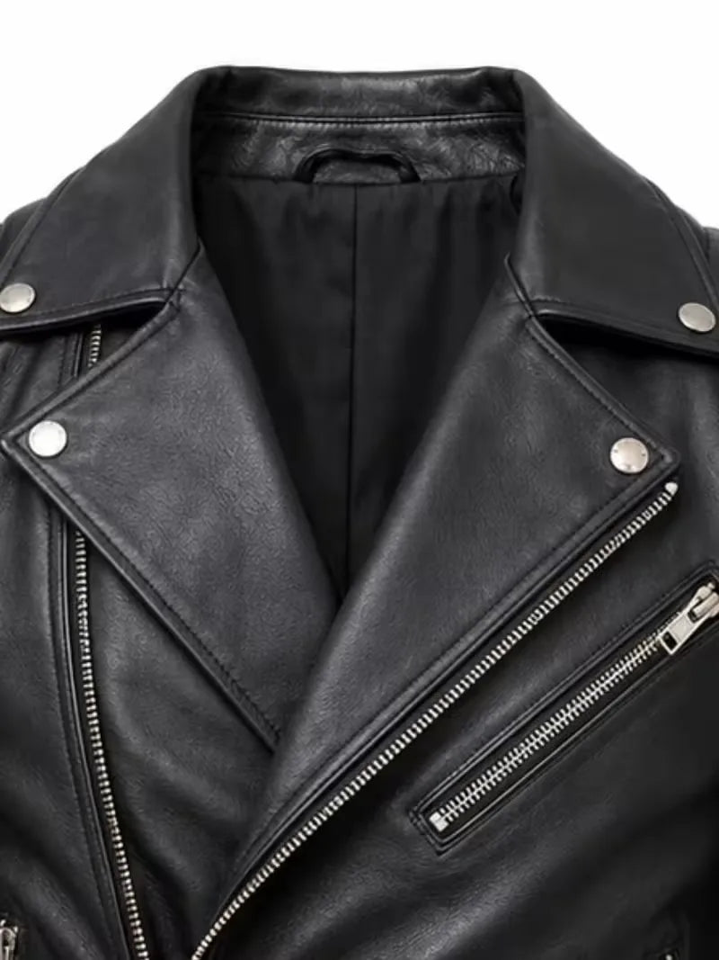 Men's black sheepskin leather jacket, zip and closure detail