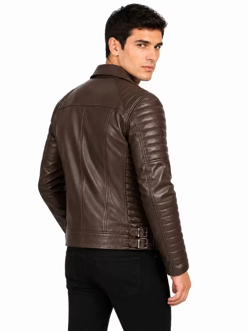 Men's black sheepskin leather jacket, collar detail