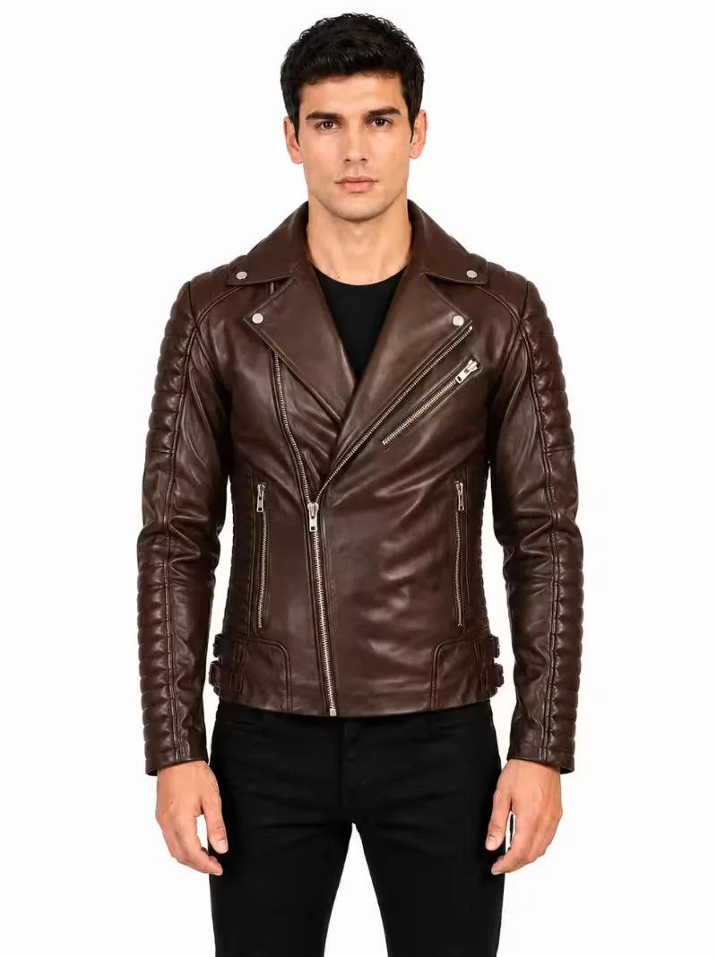 Men's black sheepskin leather jacket, side view