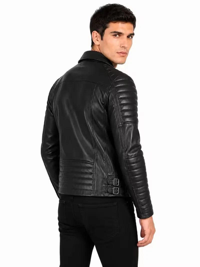 Men's black sheepskin leather jacket, back view