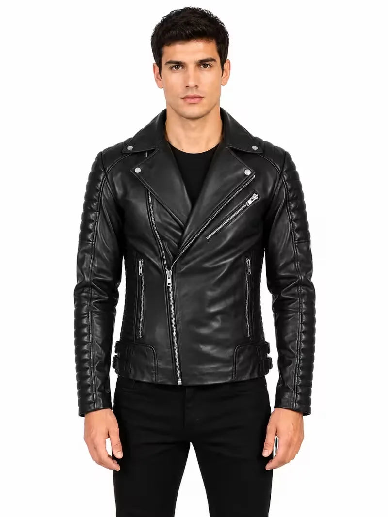 Men's black sheepskin leather jacket, front view
