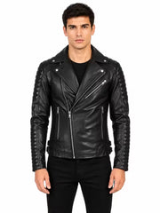 Men's black sheepskin leather jacket, front view