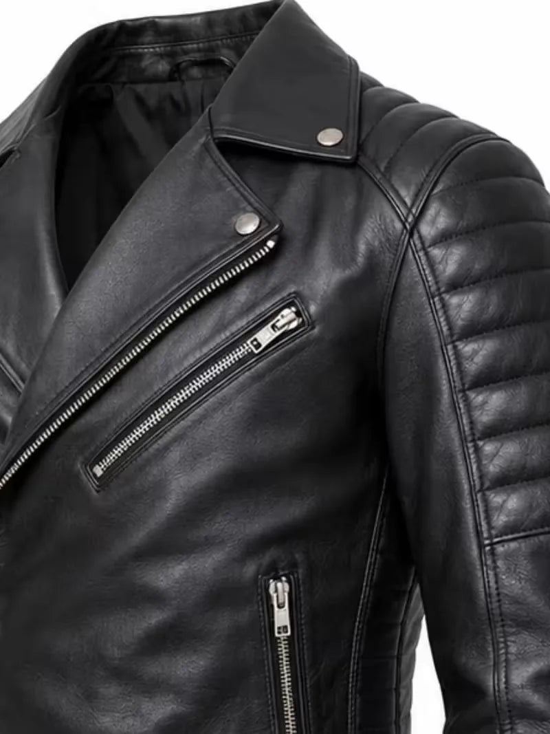 Men's black sheepskin leather jacket, pocket detail