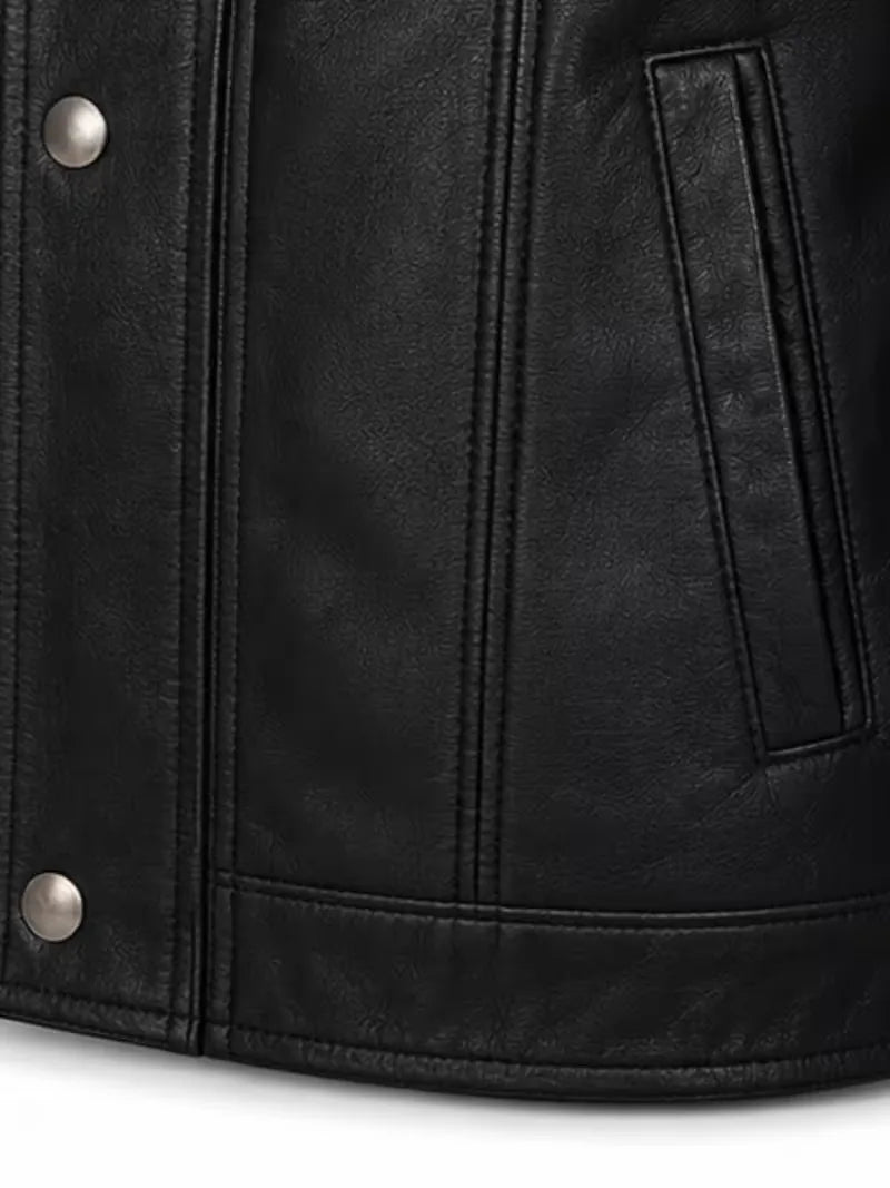 Men's black sheepskin leather jacket, pocket detail