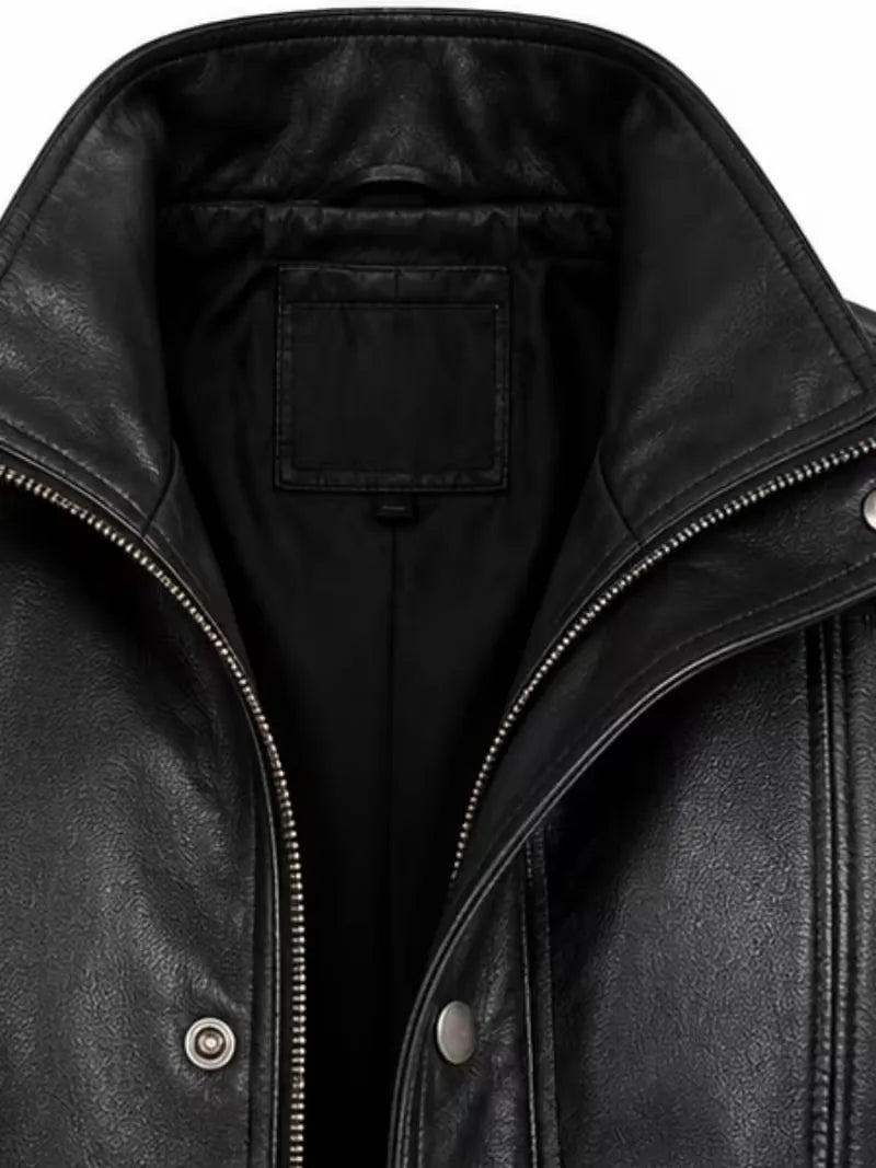 Men's black sheepskin leather jacket, zip and closure detail