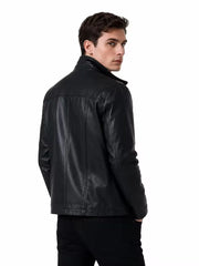Men's black sheepskin leather jacket, back view
