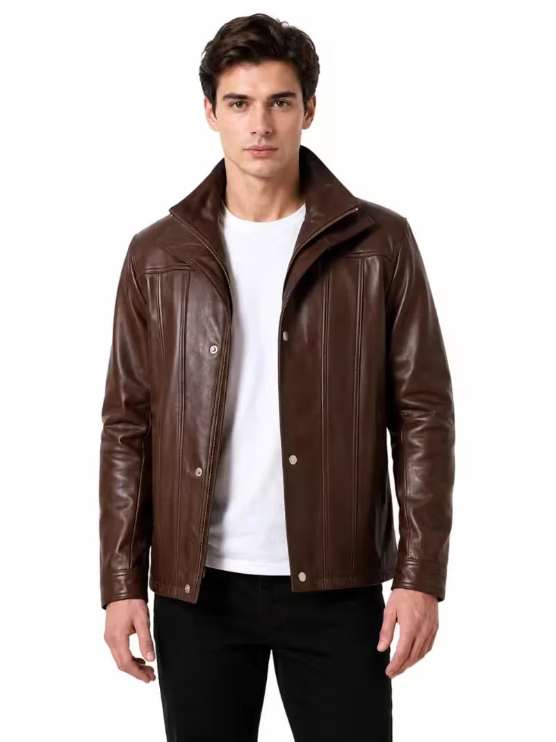 Men's black sheepskin leather jacket, side view