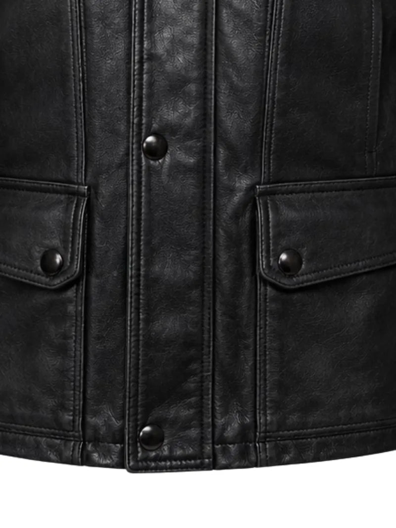 Men's black sheepskin leather jacket, pocket detail