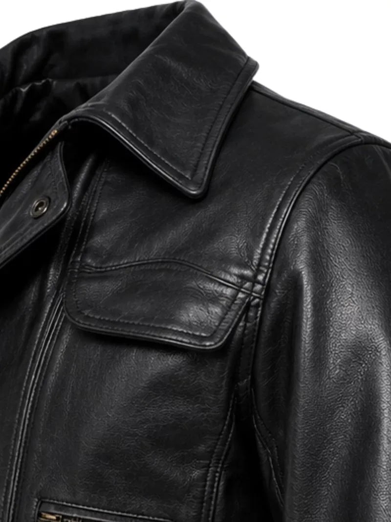 Men's black sheepskin leather jacket, cuff detail