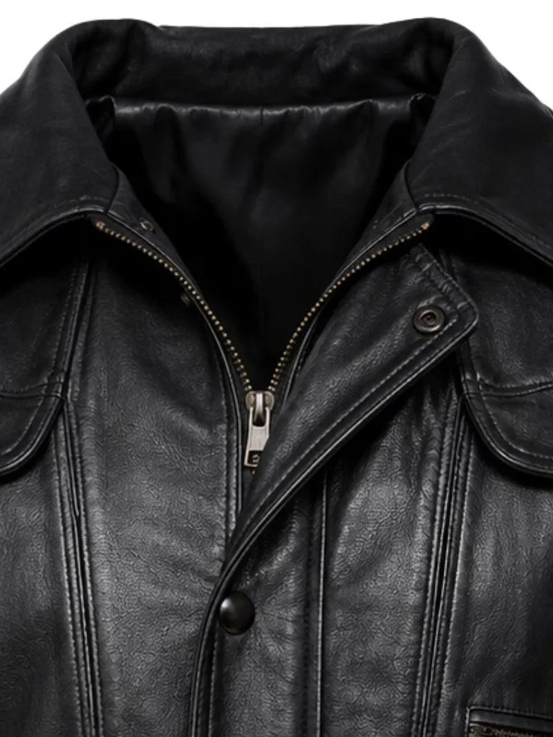 Men's black sheepskin leather jacket, zip and closure detail