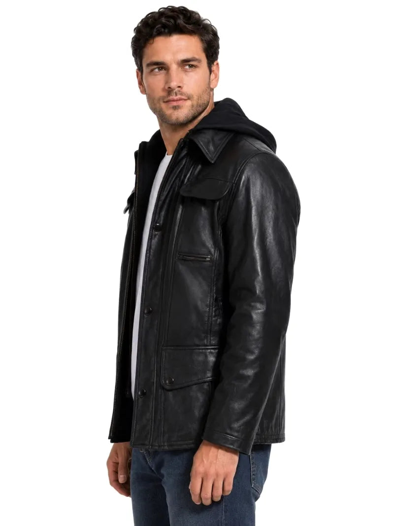 Men's black sheepskin leather jacket, collar detail