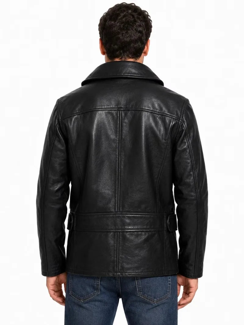 Men's black sheepskin leather jacket, back view