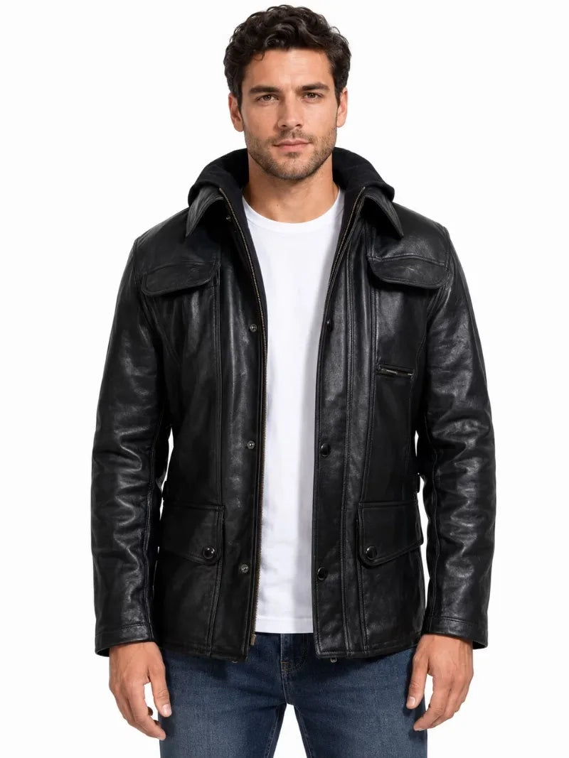 Men's black sheepskin leather jacket, front view