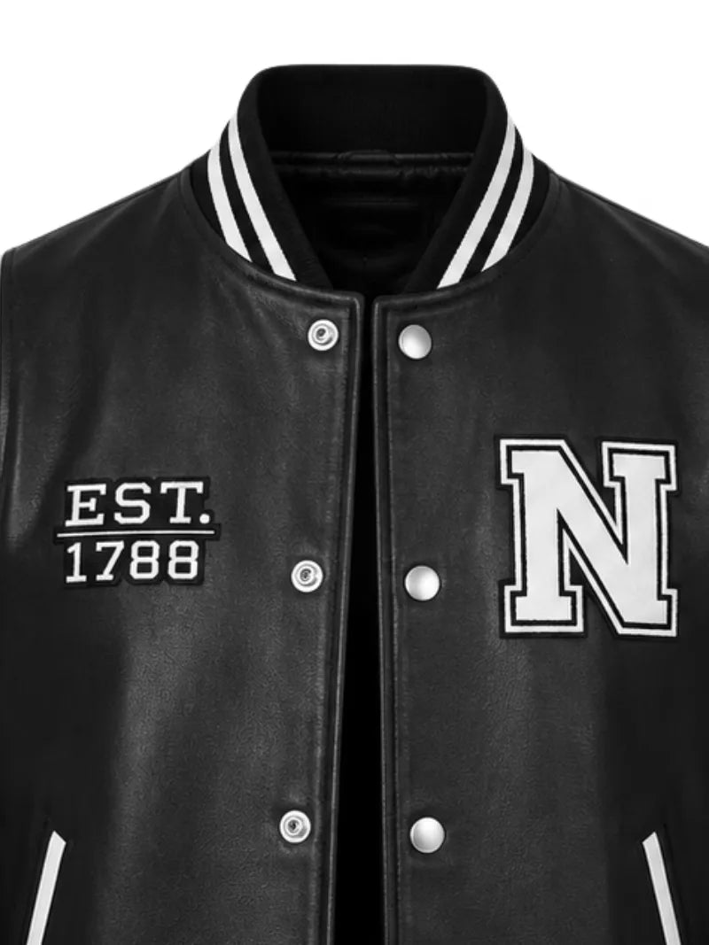 Men's black sheepskin leather jacket, zip and closure detail